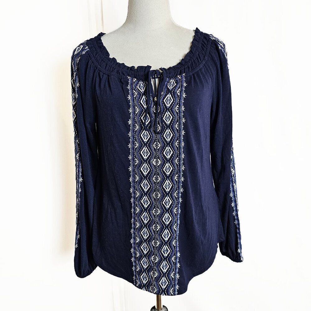 Navy Embroidered Geometric Medium Long Sleeve Boho White House Black Market Knit